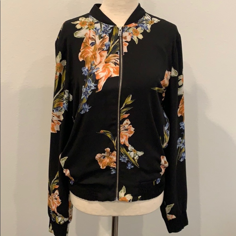 Aritzia Black Bomber Jacket with Orange & Blue Floral Print